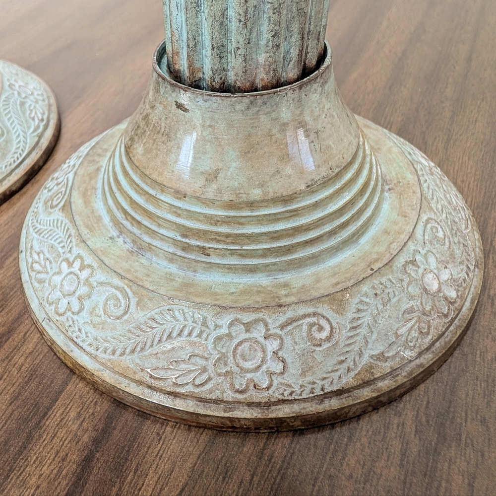 Vintage 1970s Greecian Roman Piller Style Metal Patina Tall Candle Holder Pair - Picture 7 of 7